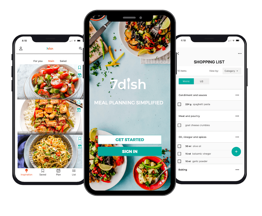 Three phones showing the 7dish app: recipe discovery, meal plan and shopping list