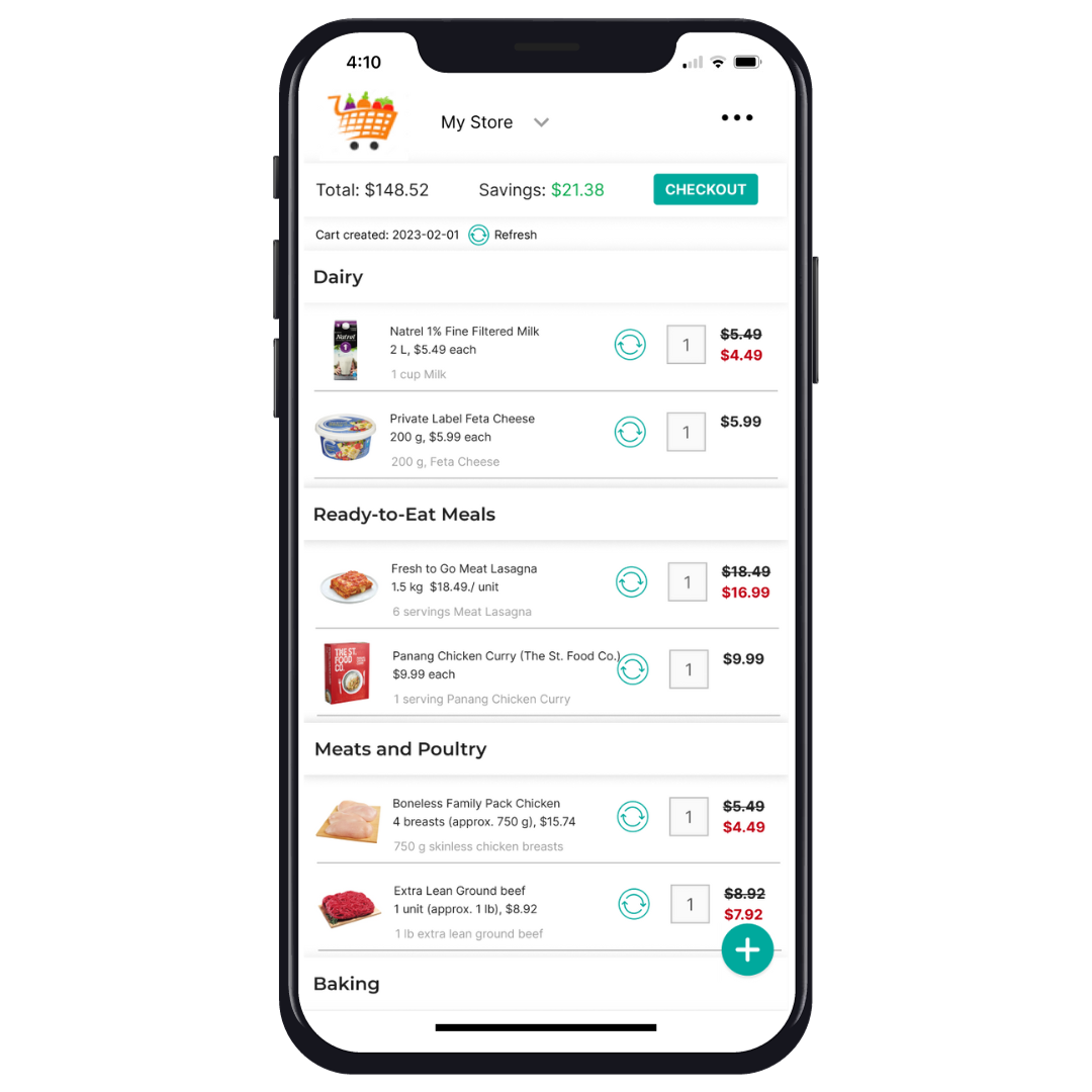 Meal plan converted into a grocery cart